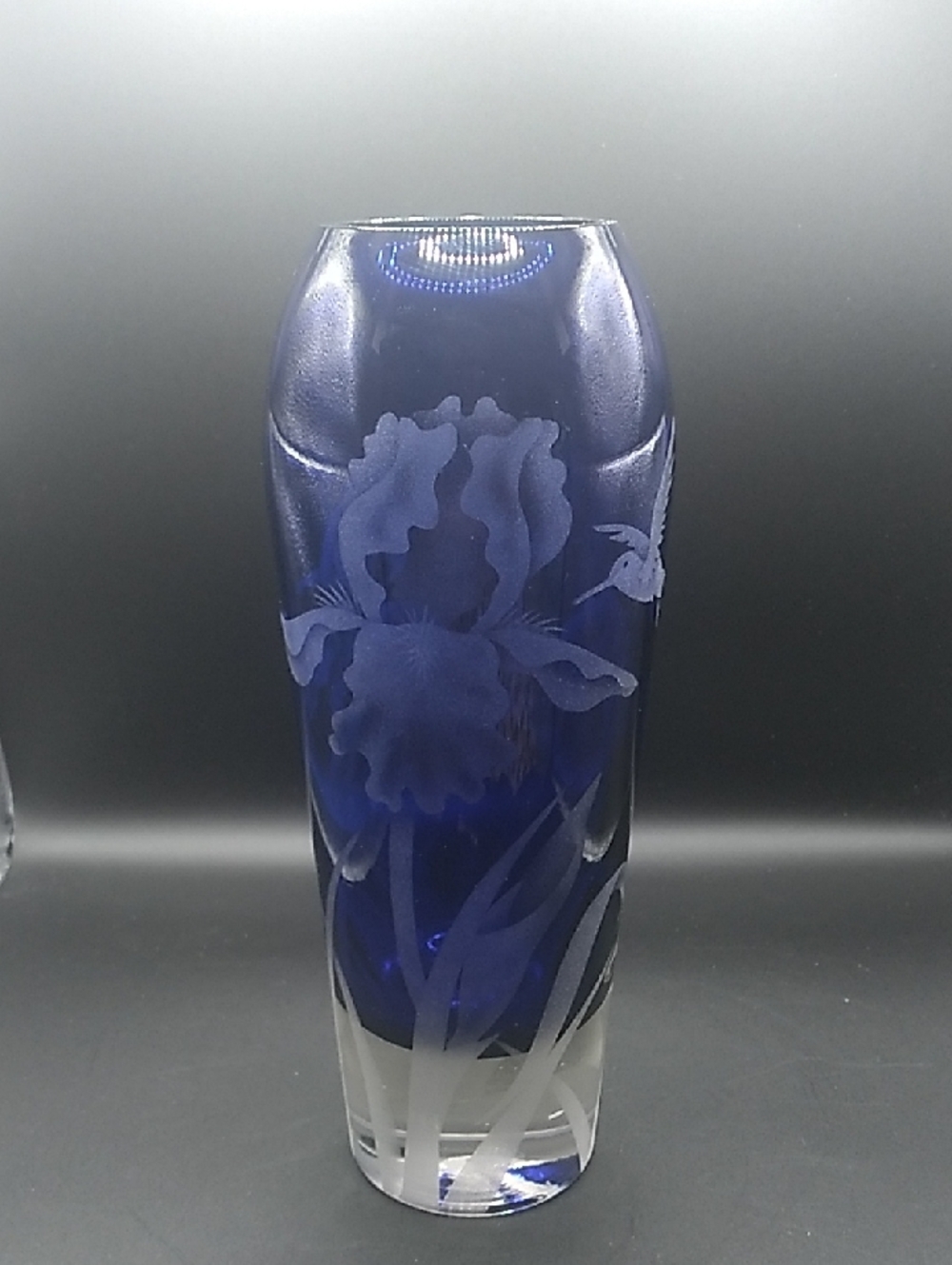 Cobalt Blue Etched Glass Iris Pattern Bohhemian Style Vase (B6)